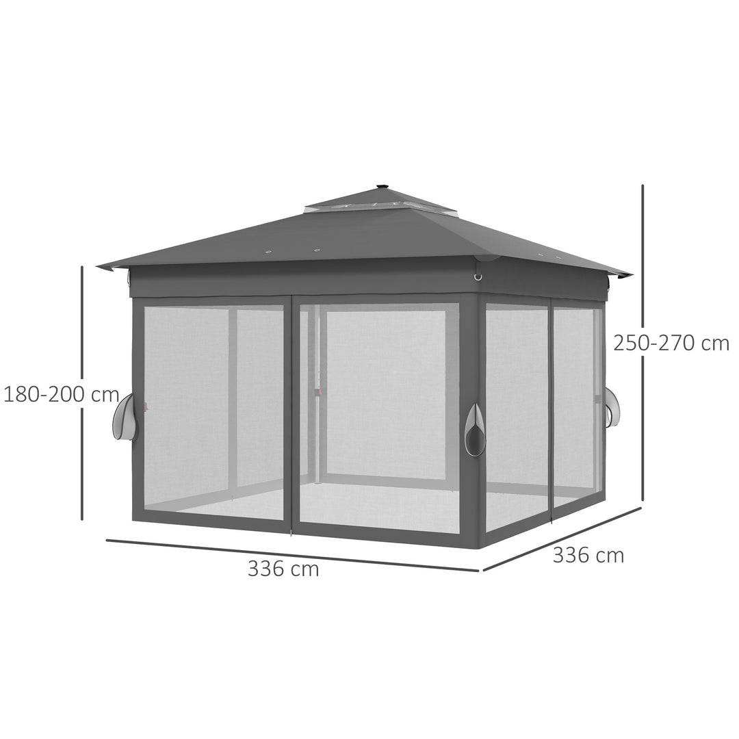 Havetelt med solcelledrevne LED'er, 336 cm x 336 cm x 270 cm, grå