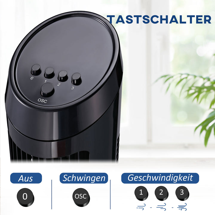45W tårnventilator, stille design, 3 hastighedsindstillinger, 70° oscillation, ABS, sort, Ø27 x H75 cm