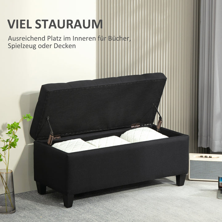 Opbevaringsbænk, kommodebænk, hørlignende polyester, gummitræ, sort, 100 x 40 x 44 cm