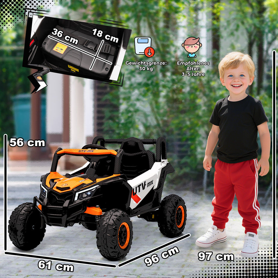 12V elbil til børn, fjernbetjeningsfunktion, sikkerhedssele, horn, LED-lys, USB-port, til 3-5 år, orange