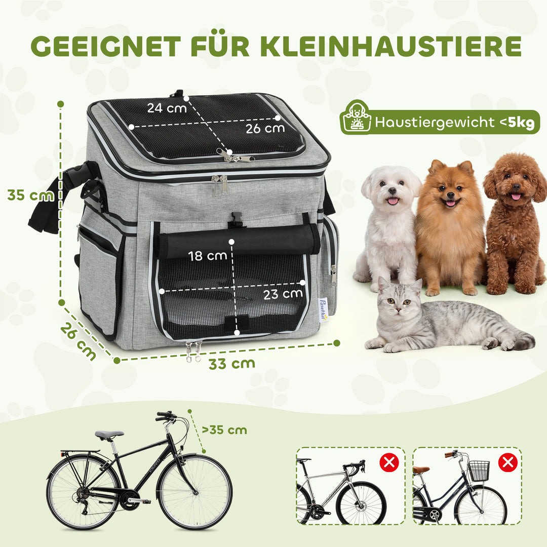 Bærbar frontmonteret hundekurv til cykler, med sikkerhedsline, hynde og skål til små hunde op til 5 kg, lysegrå.