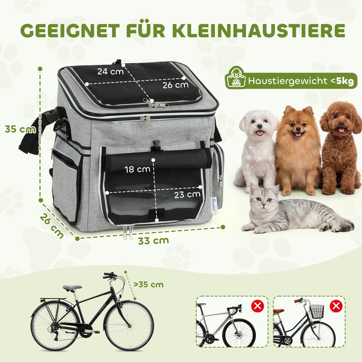 Bærbar frontmonteret hundekurv til cykler, med sikkerhedsline, hynde og skål til små hunde op til 5 kg, lysegrå.