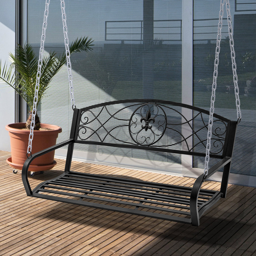 Hængebænk, 2-personers havegynge, gyngebænk, Hollywood-gynge, hængebænk med kæder, metal, sort, 132 x 63 x 58 cm