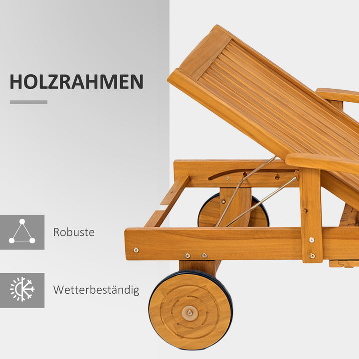 Solseng i træ, foldbar haveliggestol med sidebord, rulle, 4-vejs justerbar ryglæn i teak