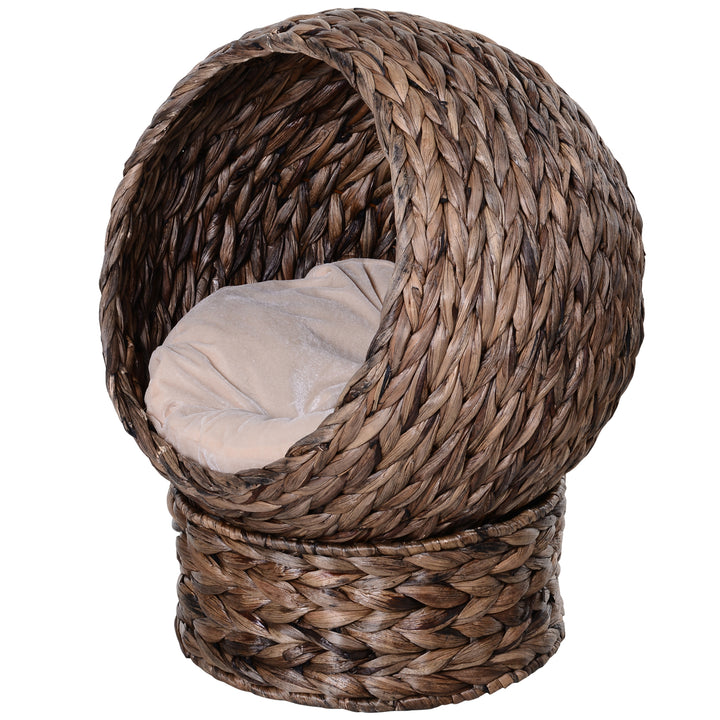 Vandhyacint kattekurv med pude, katteseng, kæledyrsseng, 50 cm x 42 cm x 60 cm, brun + beige
