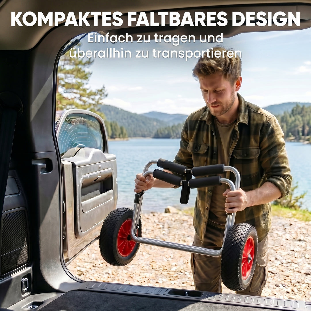 Sammenklappelig kanovogn op til 90 kg, transportvogn i aluminium, kajakvogn, bådvogn med rem, polstrede hjul, surfvogn, kanovogn, bådtrailer, vogn til surfbræt, bræt, oppustelig båd