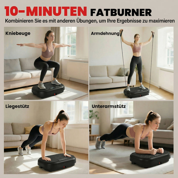Vibrationsplade med 120 intensitetsniveauer, 5 forudindstillede programmer, fjernbetjening, LED-display til muskelopbygning, sort