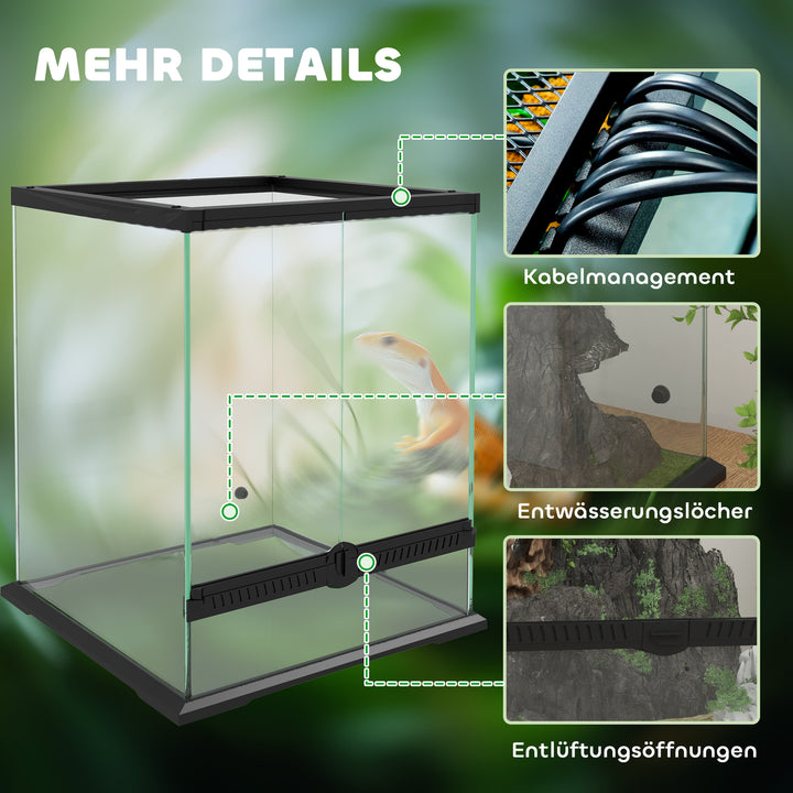 Terrarium, glasindkapsling, aflåselig, kabelhåndtering, 45x45x60cm, sort