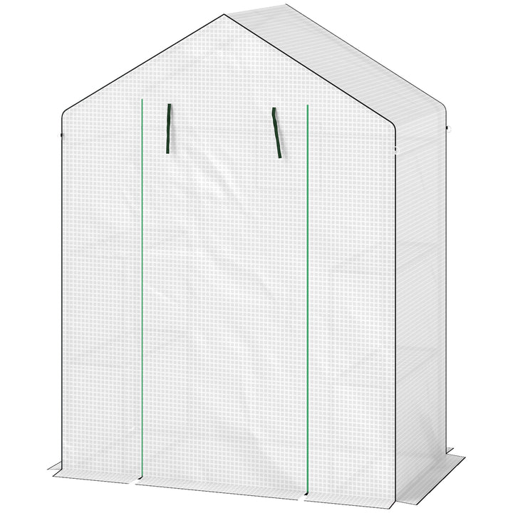 Drivhus med hylder, minidrivhus, uv-bestandigt, netvindue, lynlåsdør, 143l x 74b x 190h cm, hvid