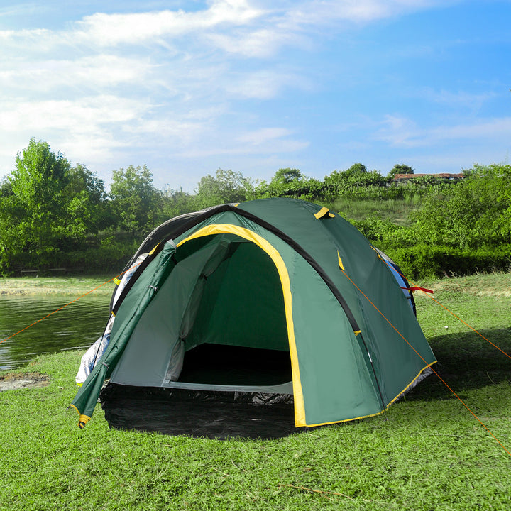 Telt til 2 personer 190t campingtelt med pløkker kuppeltelt glasfiber polyester grøn+gul 325 x 183 x 130 cm