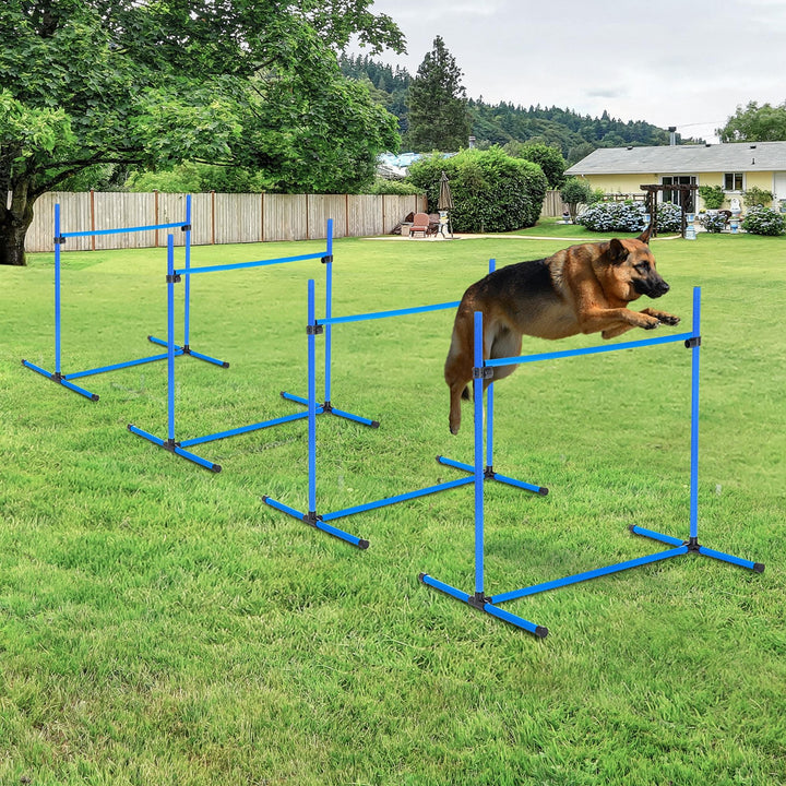 Agility set hunde 4-delt agilityudstyr til hundetræning plug-in forhindringssæt med 4 højdejusterbare forhindringer bæretaske koordinationstræning agilitysæt til spil træning