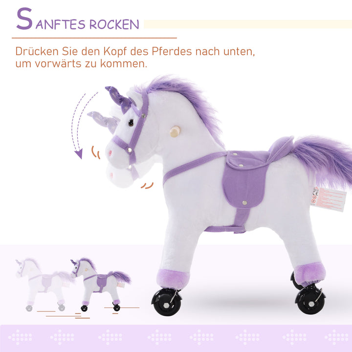 Ridehest på hjul legetøjsheste ridedyr vrinskende plys lilla 55 x 23 x 60 cm