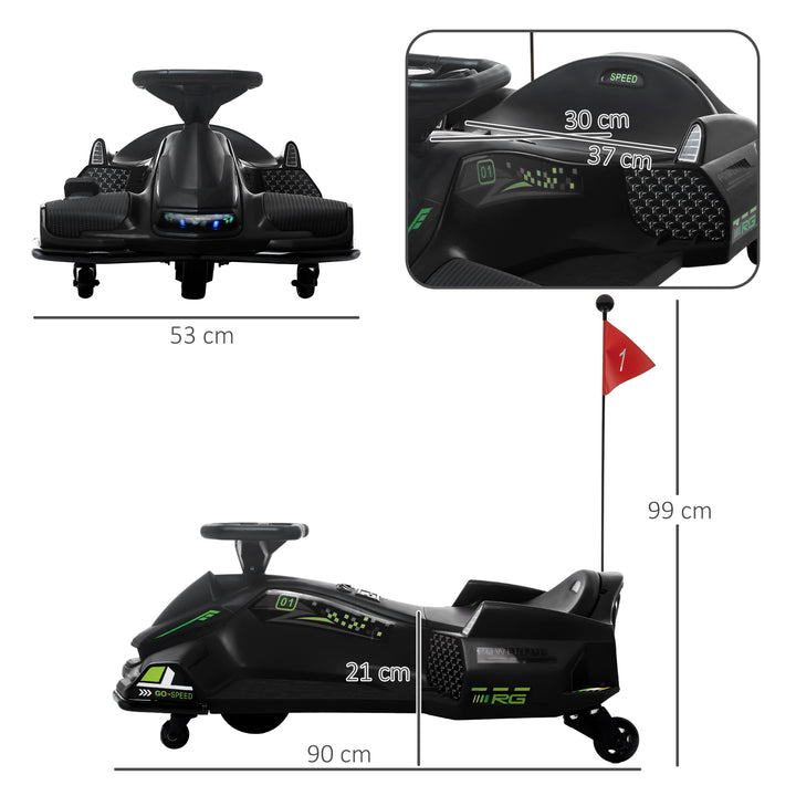 Elektrisk gokart til børn, gummihjul, 3-8 km/t, med lys og musikfunktion, sort