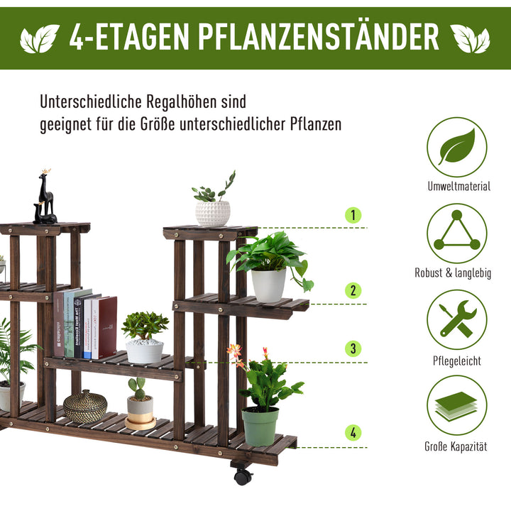 Blomstertrappe 6 hylder 4 hjul 123,5 cm × 33 cm × 80 cm massivt træ brunt 123,5 cm × 33 cm × 80 cm