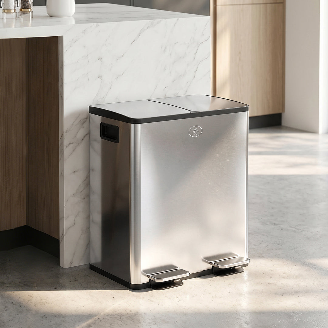 2 x 20 L dobbelte affaldsbeholdere, pedalåbning, nem at rengøre, rustfrit stål, plastik, sølv