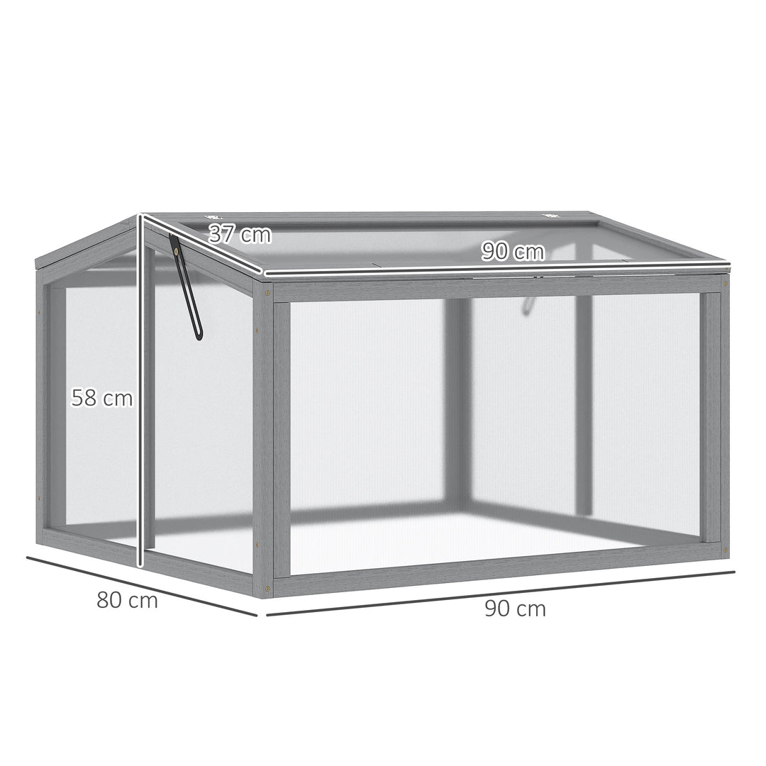 Koldrammedrivhus, koldrammeplantebed med overdækning af træ og polycarbonat, vejrbestandig, lysegrå, 90 x 80 x 58 cm