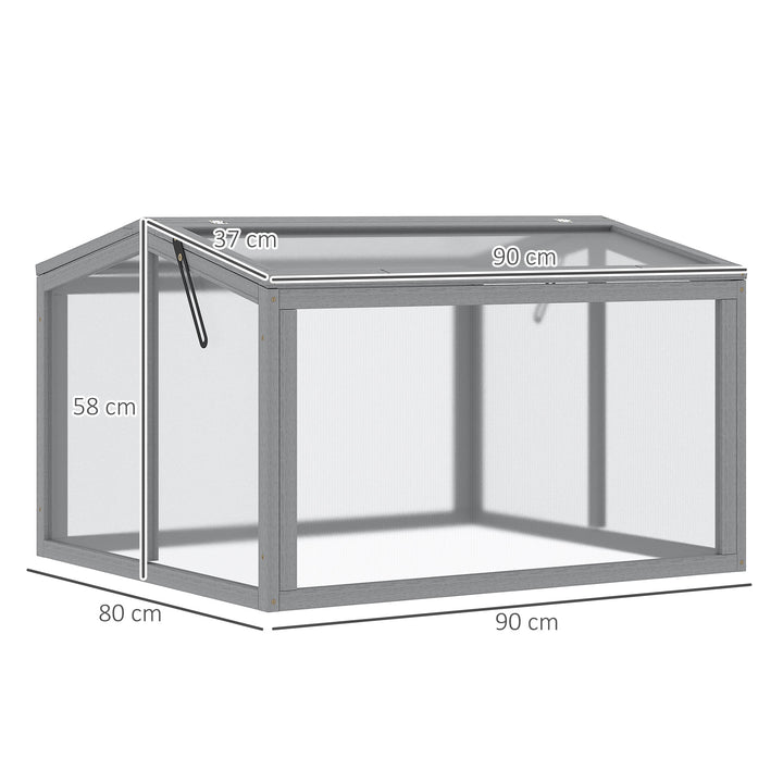 Koldrammedrivhus, koldrammeplantebed med overdækning af træ og polycarbonat, vejrbestandig, lysegrå, 90 x 80 x 58 cm