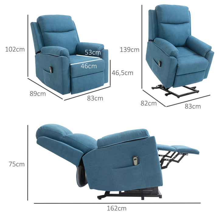 Elektrisk stol med ståhjælp til seniorer, afslapningsstol, tv-stol med sovefunktion og ståhjælp, tv-stol, lænefunktion, linned touch, blå, 83 x 89 x 102 cm