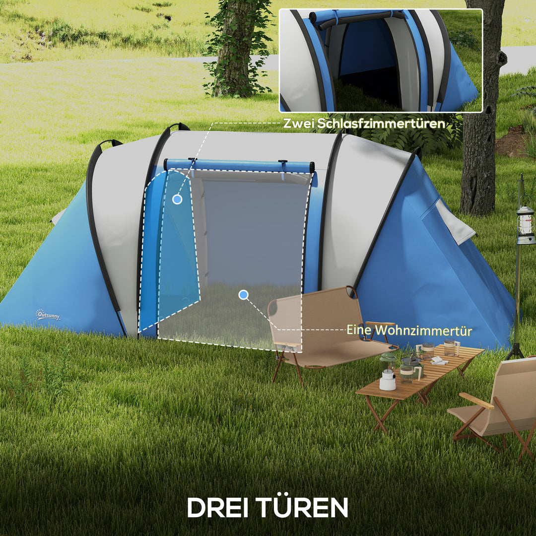 Campingtelt til 4-5 personer, let vandafvisende, familietelt med 3 værelser, sidedør, vindue, blå