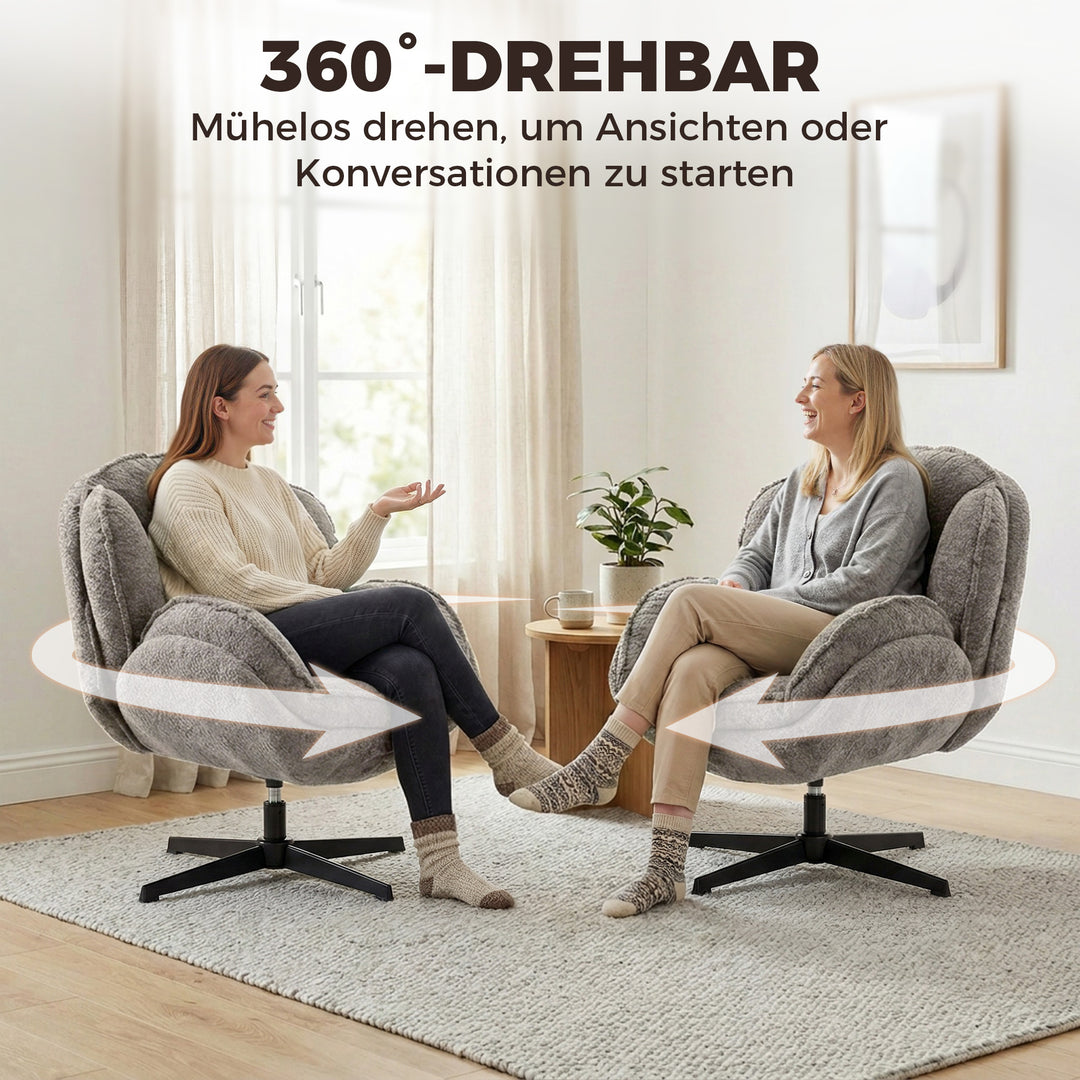 Moderne lænestol med vingerygge, fløjlslænestol med firkrydsede fodstykker, S-fjedre, 360° drejefunktion, grå