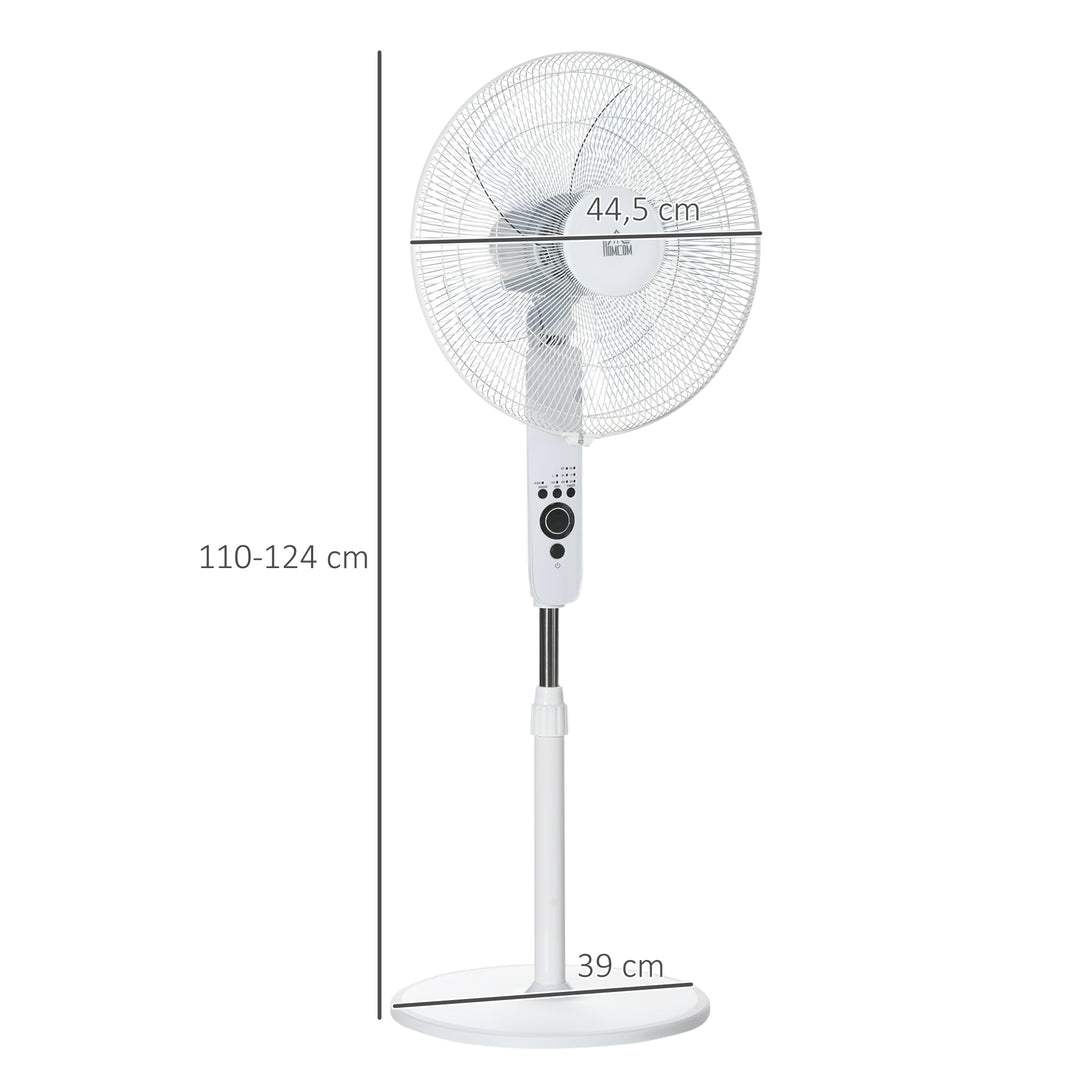 Standventilator med fjernbetjening, højdejusterbar, 3 hastighedsindstillinger, metal, hvid, Ø44,5 x H110-124 cm