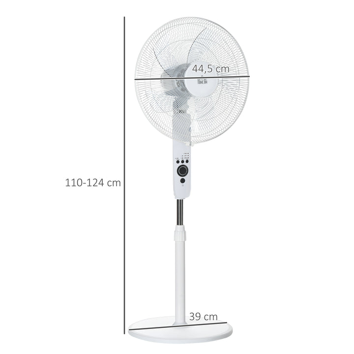 Standventilator med fjernbetjening, højdejusterbar, 3 hastighedsindstillinger, metal, hvid, Ø44,5 x H110-124 cm