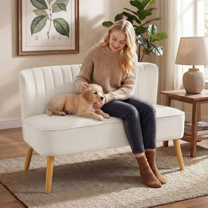 Retro design 2-personers sofa, træben, 117 cm x 56,5 cm x 77 cm, cremehvid