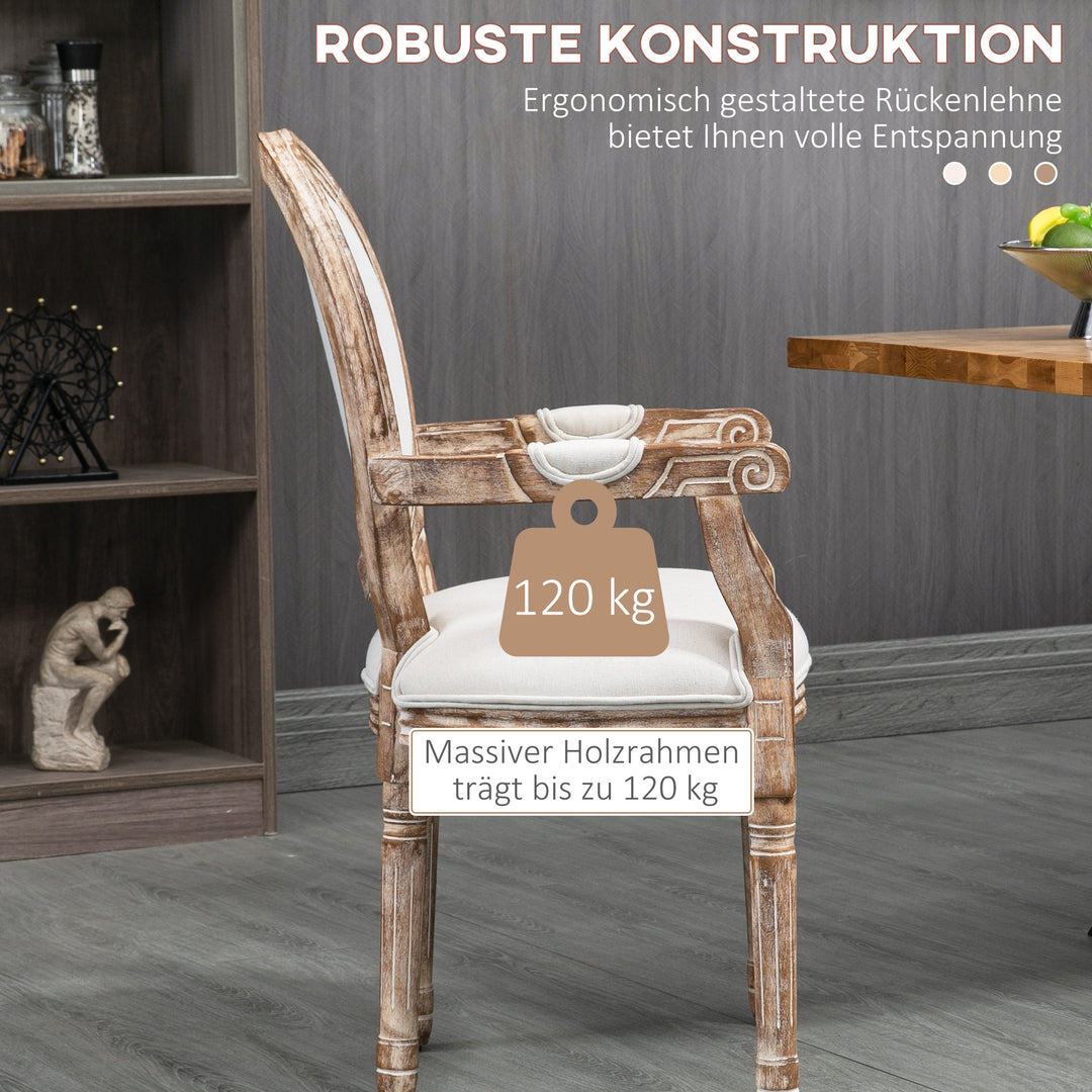 Køkkenstol med armlæn polstret spisestol retro design i hørlook til stue gummitræ cremehvid + lys træfarve 56 x 56 x 96 cm