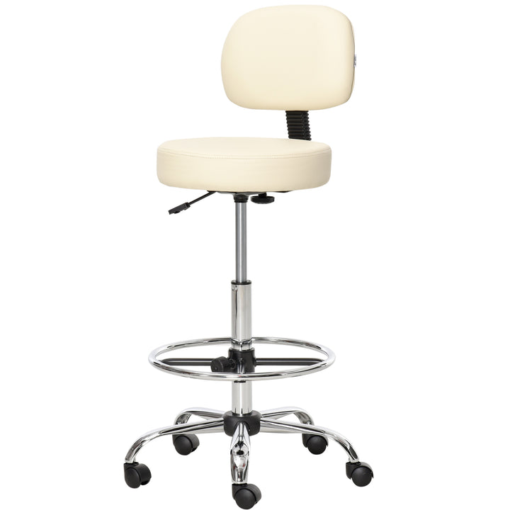 Barstol, højdejusterbar barstol med hjul lavet af kunstlæder arbejdsskammel kontorskammel 360° drejelig med ryglæn polstret beige 56 x 57 x 104-127 cm