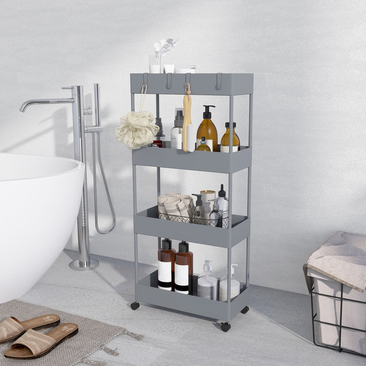 Køkkenvogn med 4 hylder, 4 fleksible kroge, 4 hjul, 40 cm x 19 cm x 90 cm, nichevogn, grå