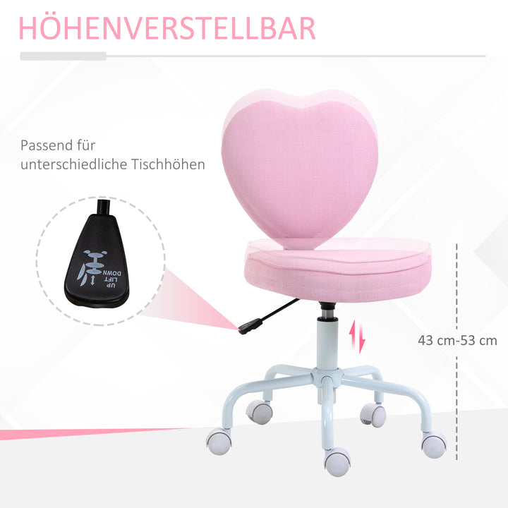 Drejestol, sødt hjertedesign, højdejusterbar, betræk i hørlook, pink, 42 x 50 x 79-89 cm