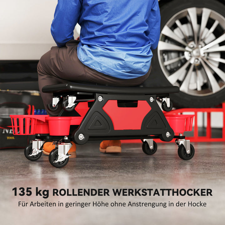 Værkstedsskammel med aftagelige hjul, sæde, opbevaringsplads, 33 cm høj, rulleskammel, lasteevne op til 135 kg, rød