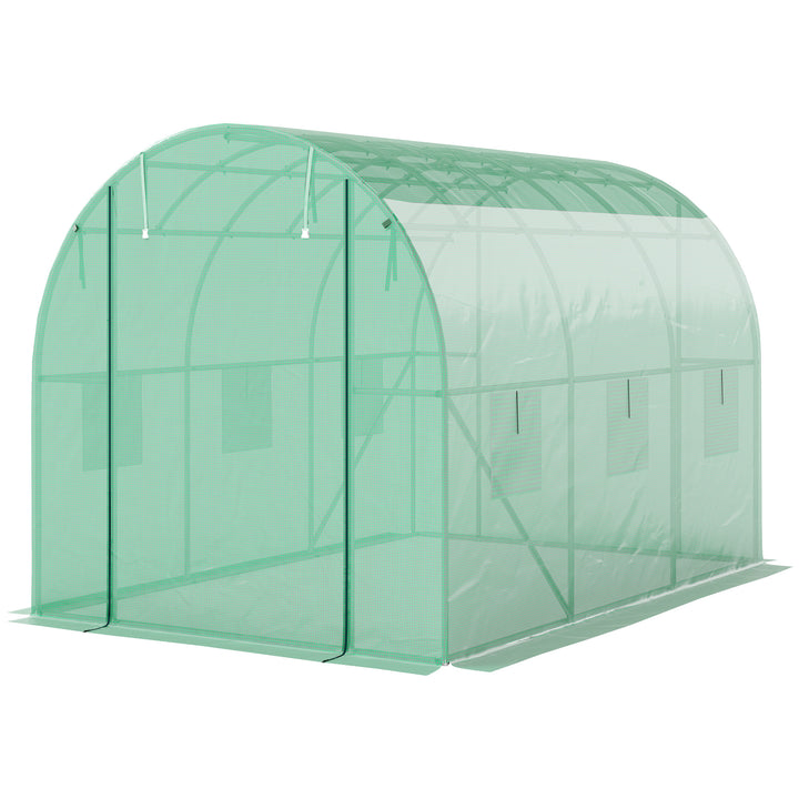 Polytunnel drivhus med plastikdæksel og stålramme, walk-in drivhustelt med rulledøre, grøn
