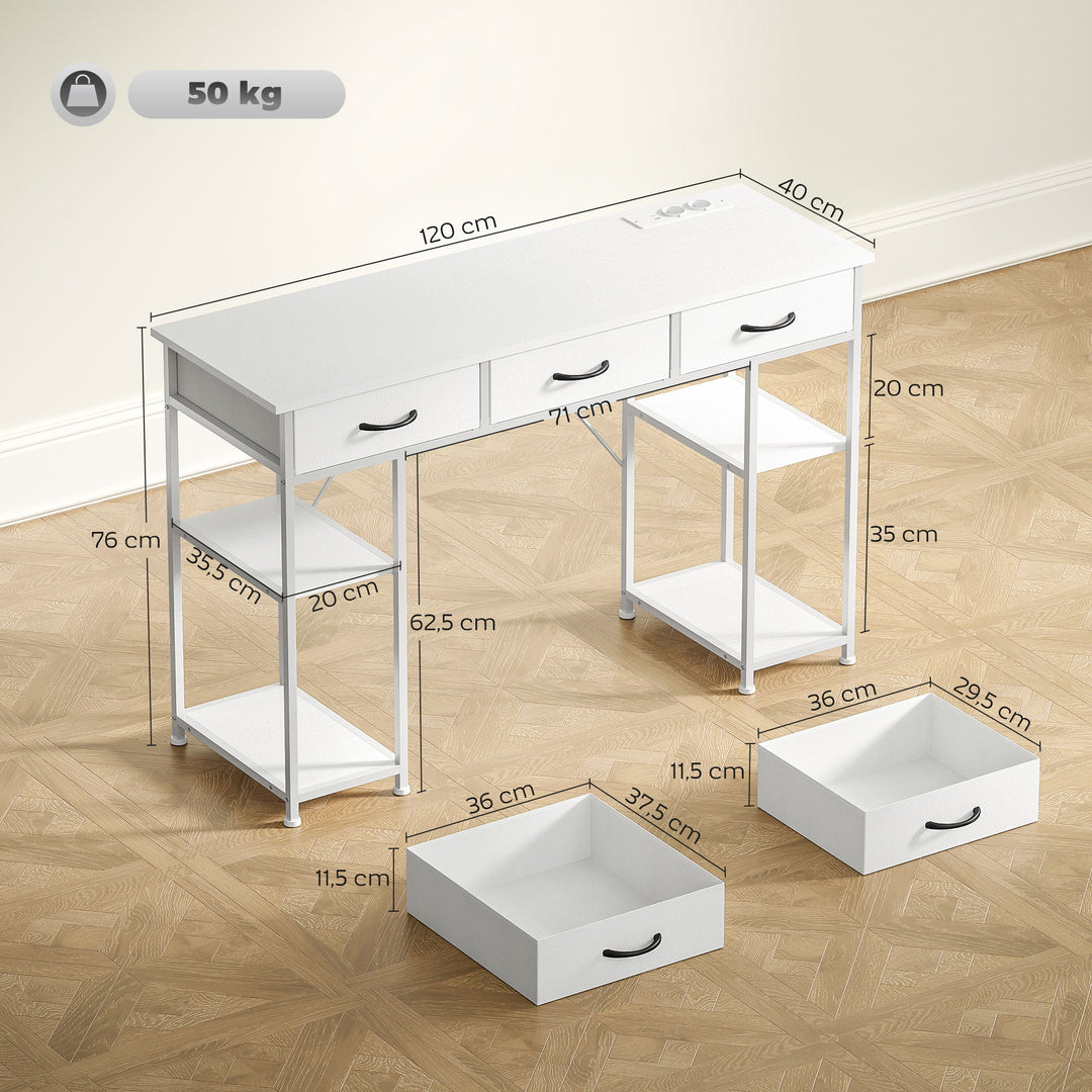 Køkkenbord med 2 USB-opladeporte, 2 stikkontakter, justerbare hylder, 3 stofskuffer, 120x40x76 cm, hvid