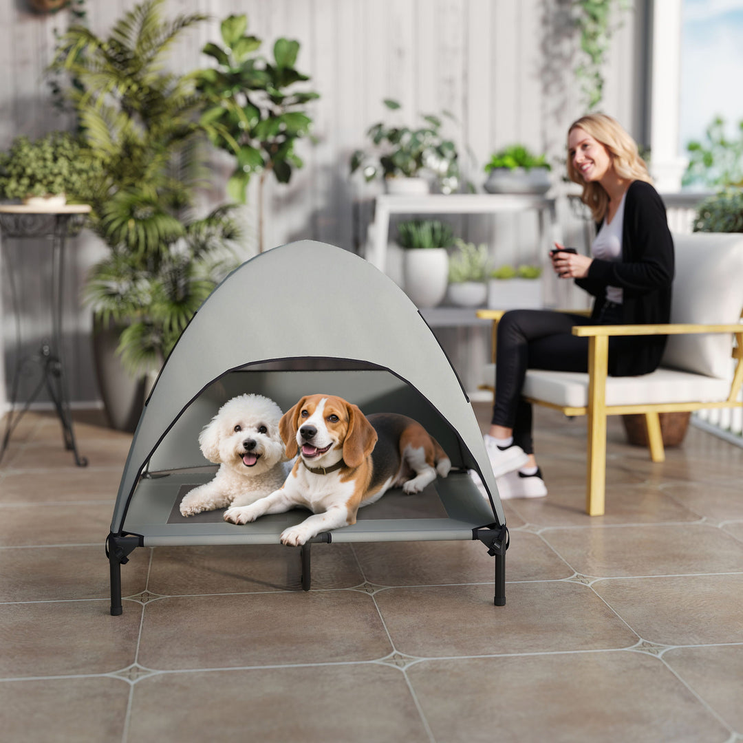 Udendørs hundeseng med tag, hævet hundeseng til store hunde, 91 x 76 x 90 cm, lysegrå