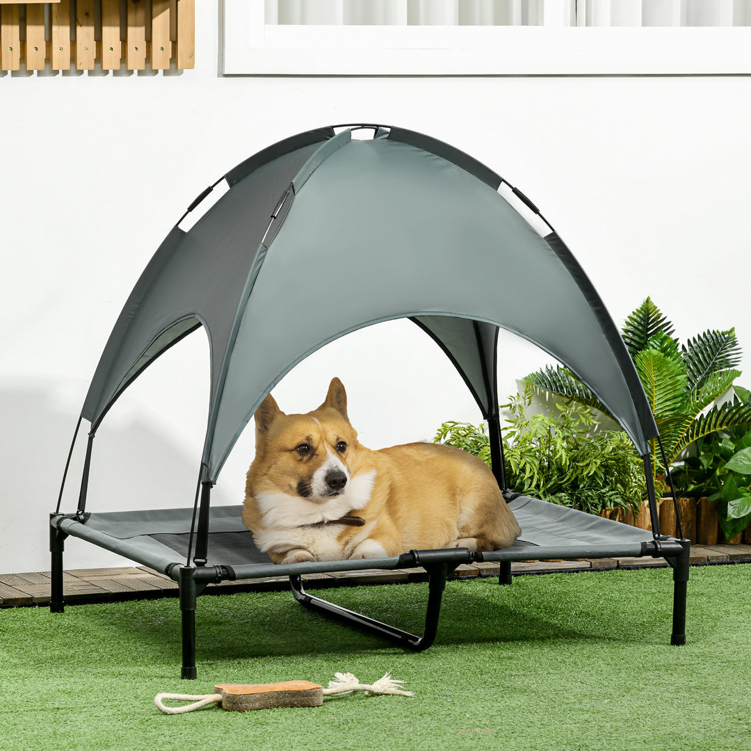 Forhøjet hundeseng med baldakin, kæledyrsseng, udendørs hundeseng med tag, åndbar, taffetastof til camping, grå, 92 x 76 x 90 cm