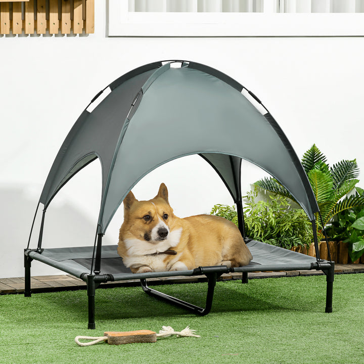 Forhøjet hundeseng med baldakin, kæledyrsseng, udendørs hundeseng med tag, åndbar, taffetastof til camping, grå, 92 x 76 x 90 cm