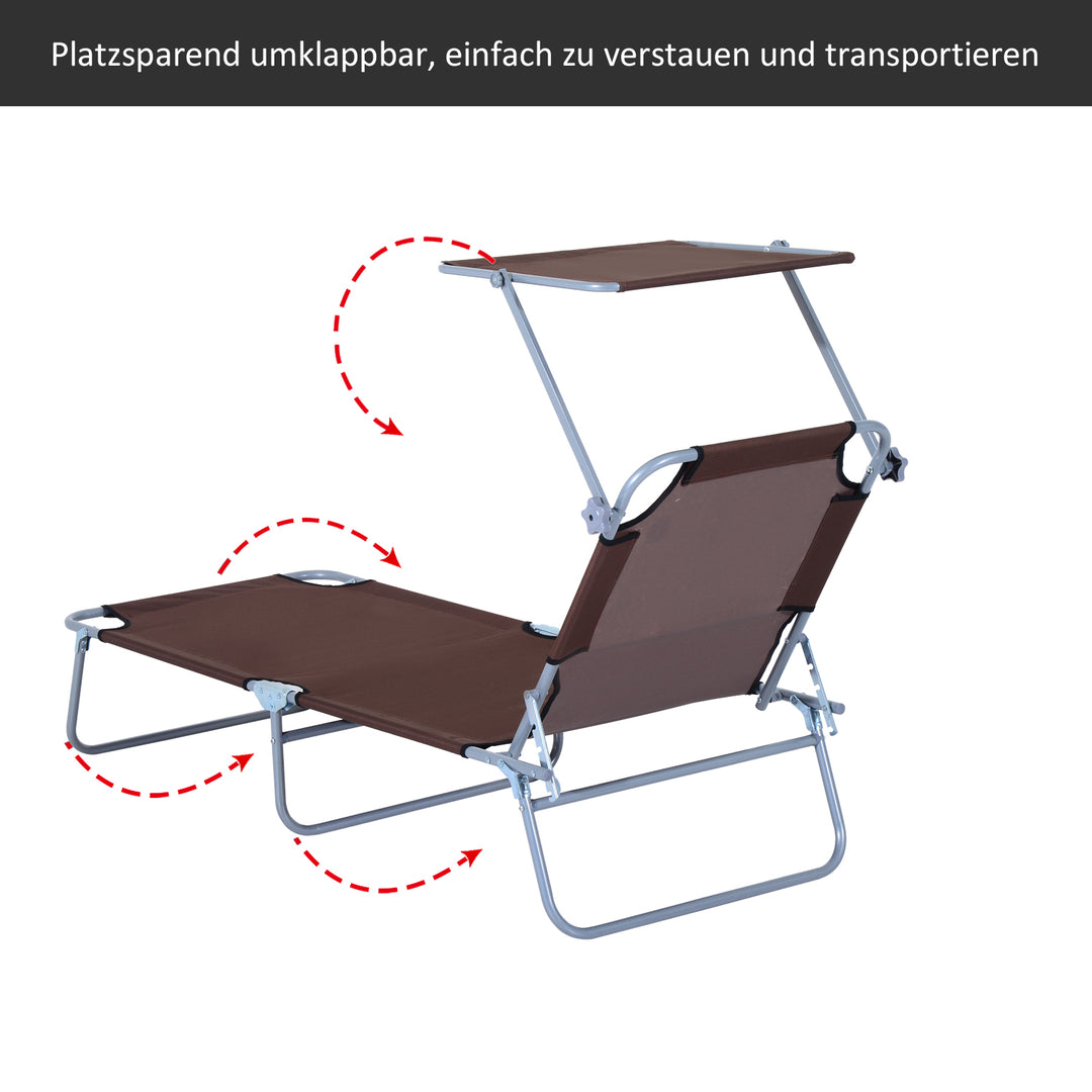 Sammenklappelig liggestol, havestol med solskærm, liggestol med 4-positions justerbar ryglæn, campingstol, lasteevne op til 120 kg, egnet til have, balkon og pool, 6 farver (brun)