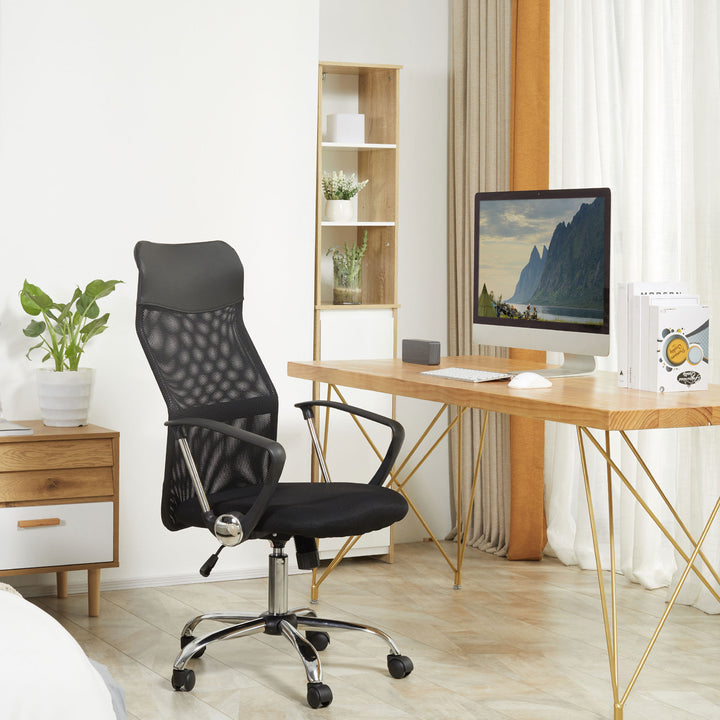 Ergonomisk kontorstol, gamingstol, drejestol med vippefunktion, højdejusterbar skrivebordsstol, skum, net, sort, 63 x 65 x 109-119 cm