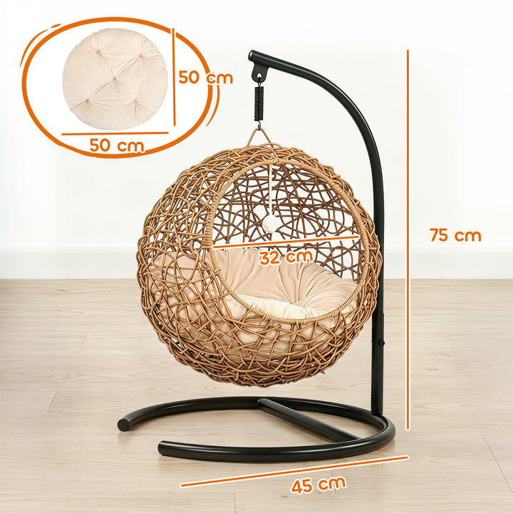 Rattan katteseng, kattehule med vaskbar hynde og legebold, til katte op til 10 kg, 45 x 41 x 75 cm, lysebrun