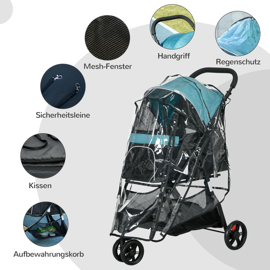 Kæledyrsklapvogn, hundeklapvogn op til 10 kg, foldbar, sikkerhedsline, håndtag, regnslag, opbevaringskurv, blå + sort