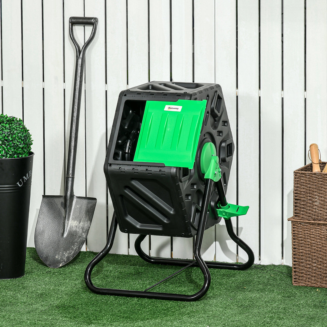 Kompostbeholder, 65 liter kompostbeholder, roterbar, kompakt, 24 ventilationshuller, stål, plastik, grøn+sort