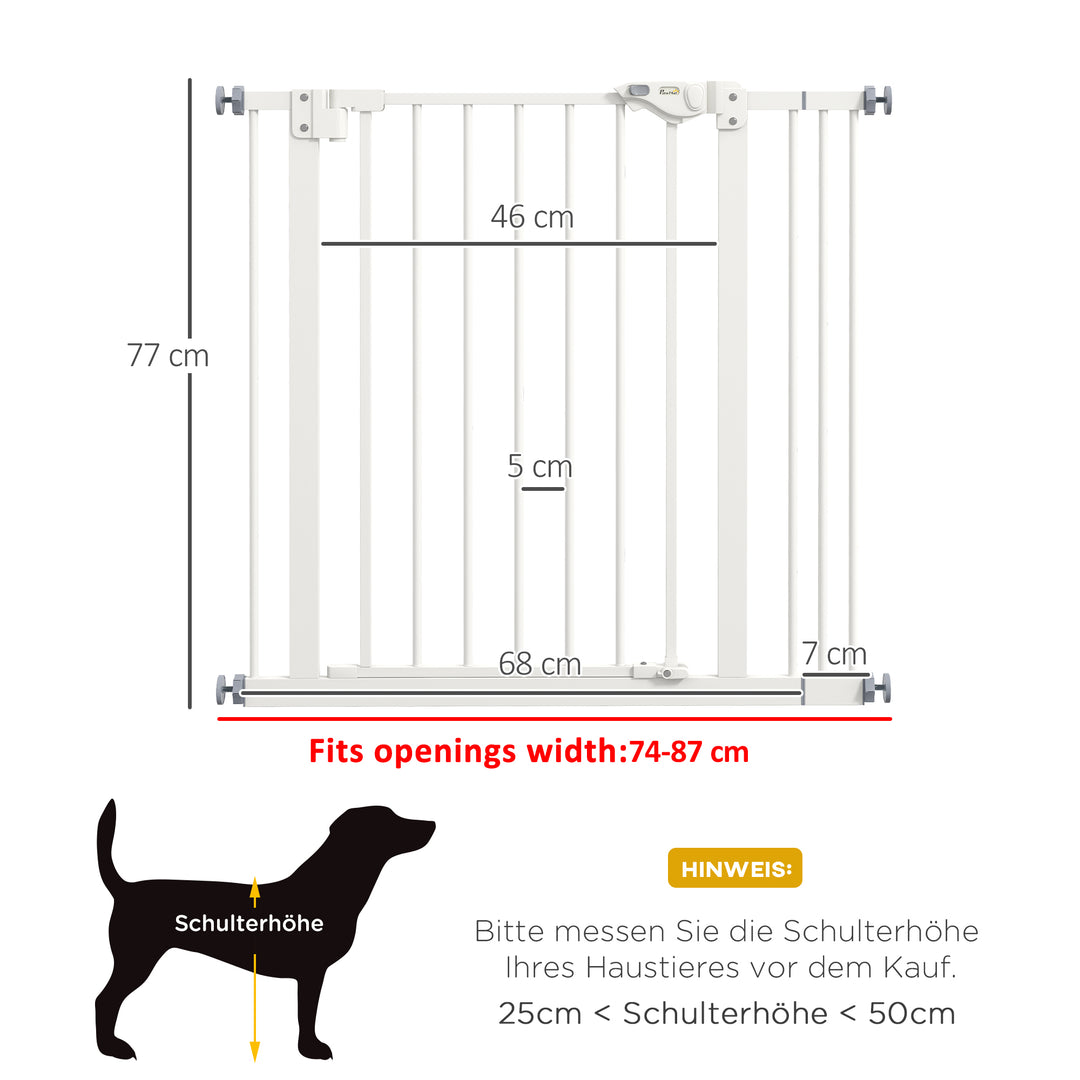 Hundegitter, kæledyrsgitter, metal, plast, 74-87 cm, hvid