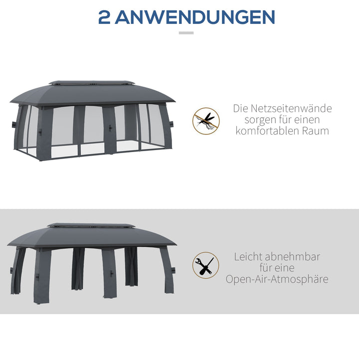 Pavillon, partytelt, med myggenet, læhegn, op til 15 personer, mørkegrå, 3 x 6 x 3 m