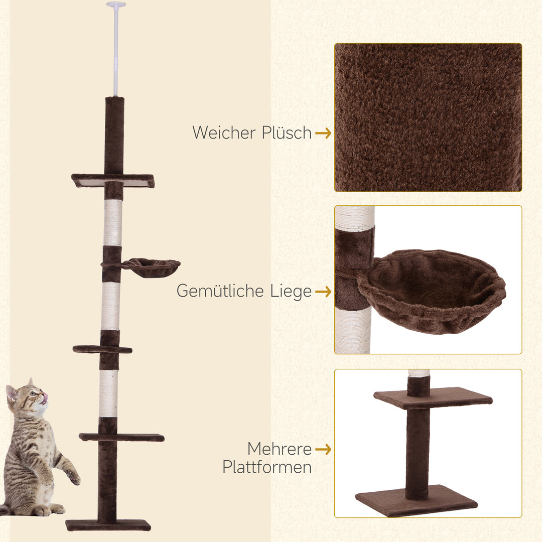 Kradsetræ med loftshøjdejusterbar, robust kradsetræ med sisalstolper, klatretræ til katte, brunt, 40 x 34 x 230-260 cm