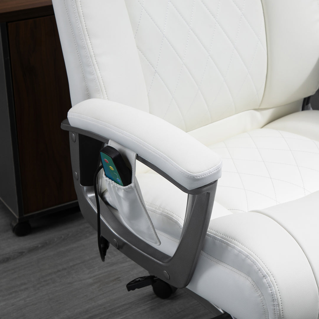 Massage kontorstol 6-punkts massage drejestol ergonomisk stol justerbar kunstlæder med buet nakkestøtte og armlæn hvid 70 x 76,5 x 114-124 cm