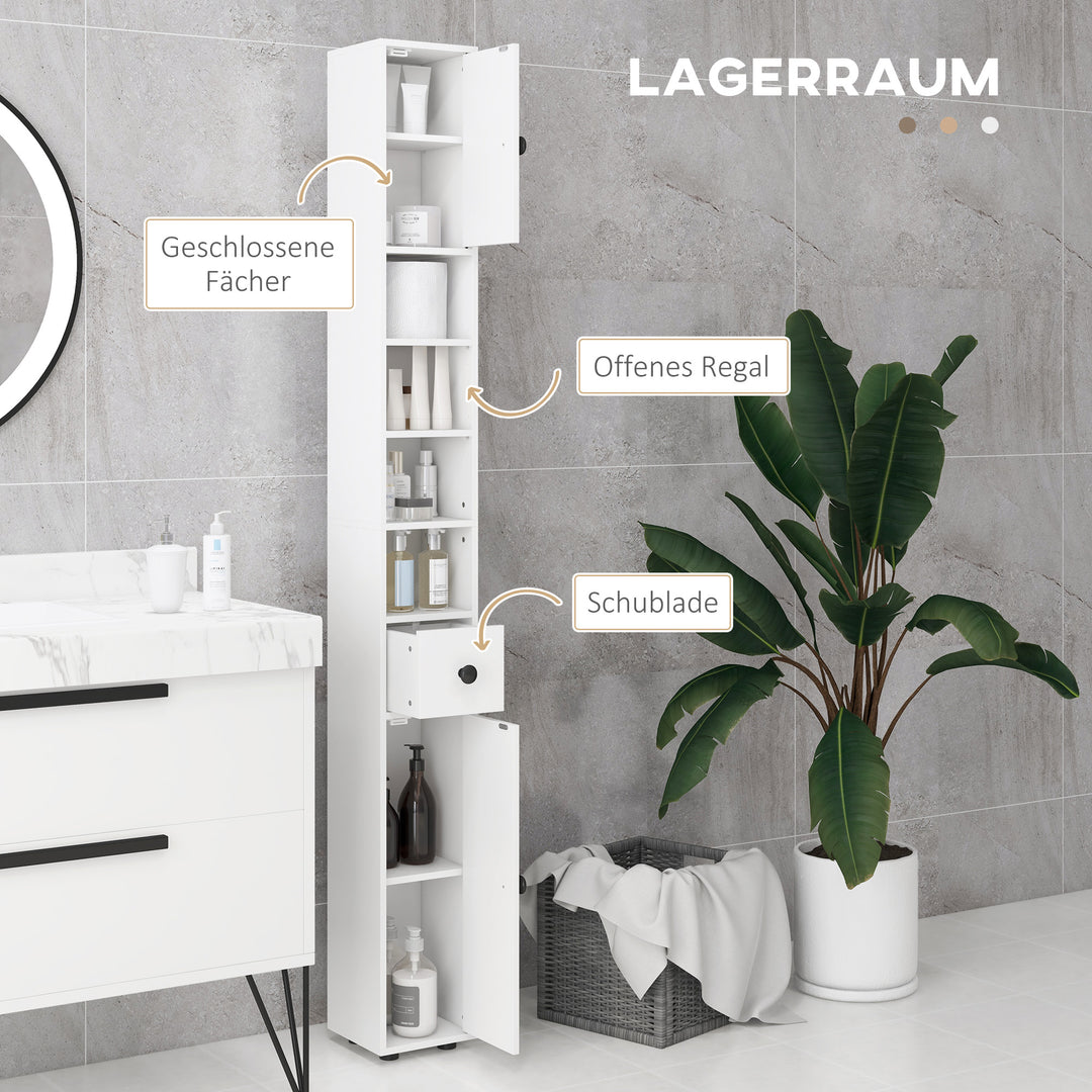 Badeværelsesskab, 4 hylder, skuffe, spånplade, slankt design, hvid