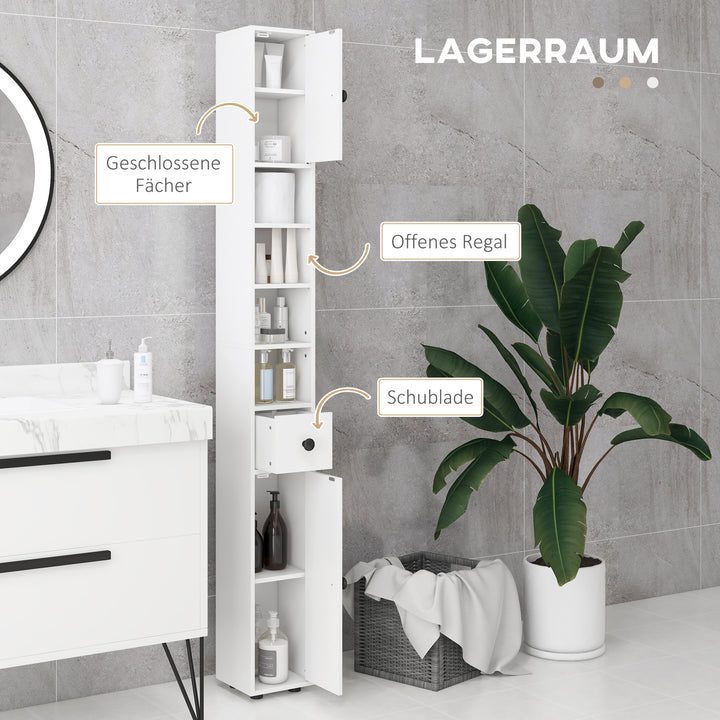 Badeværelsesskab, 4 hylder, skuffe, spånplade, slankt design, hvid