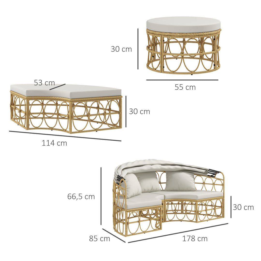 Solø, 4-delt sæt, udtrækkelig baldakin, 5 hynder, rattan-look, 178B x 85D x 66,5H cm, beige
