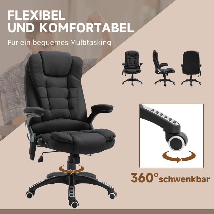 Kontorstol med vibrationsmassage, ergonomisk skrivebordsstol med varme- og lænefunktion, højdejusterbar lederstol med fjernbetjening, sidelomme, linnedlook, sort